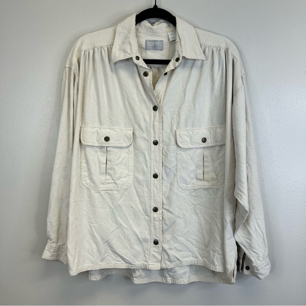 Esprit Vintage L Mens Ivory 100% Silk Snap Button Shirt Boho Cottagecore Peasant